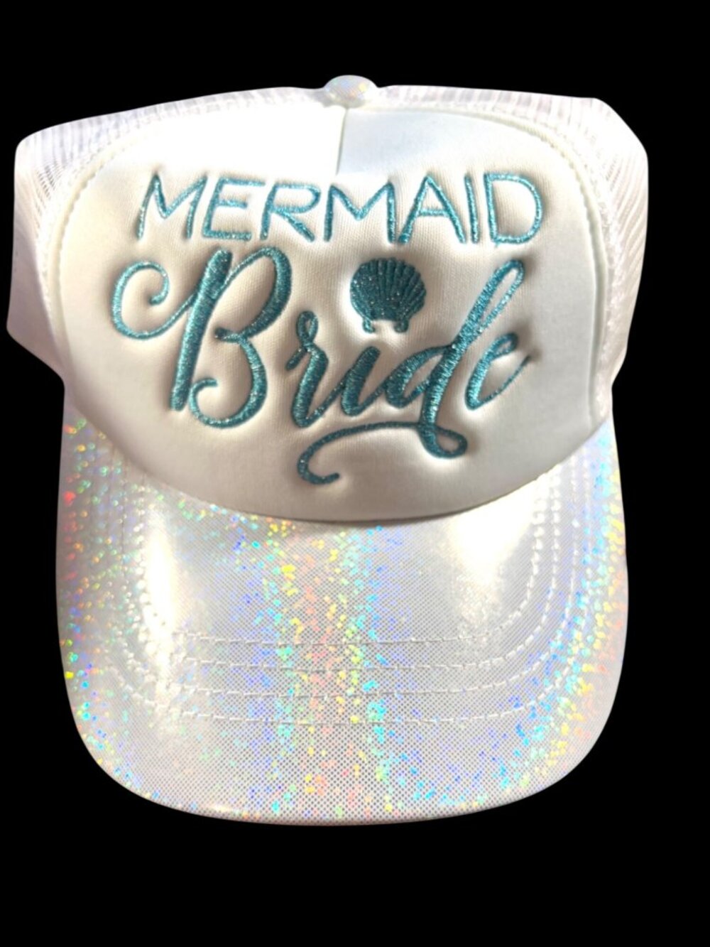 Mermaid Bride White Mesh Trucker Hat With Glitter Holographic Brim